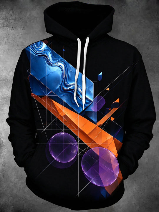 Adaychic Men's Long Sleeve Hoodie - Abstract Geometric Shapes And Fluid Waves Print