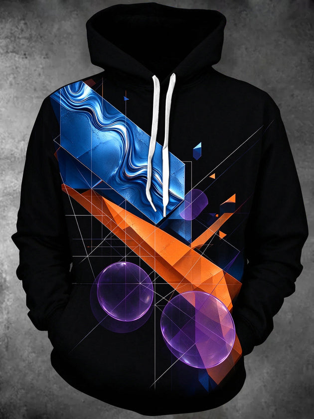 Adaychic Men's Long Sleeve Hoodie - Abstract Geometric Shapes And Fluid Waves Print