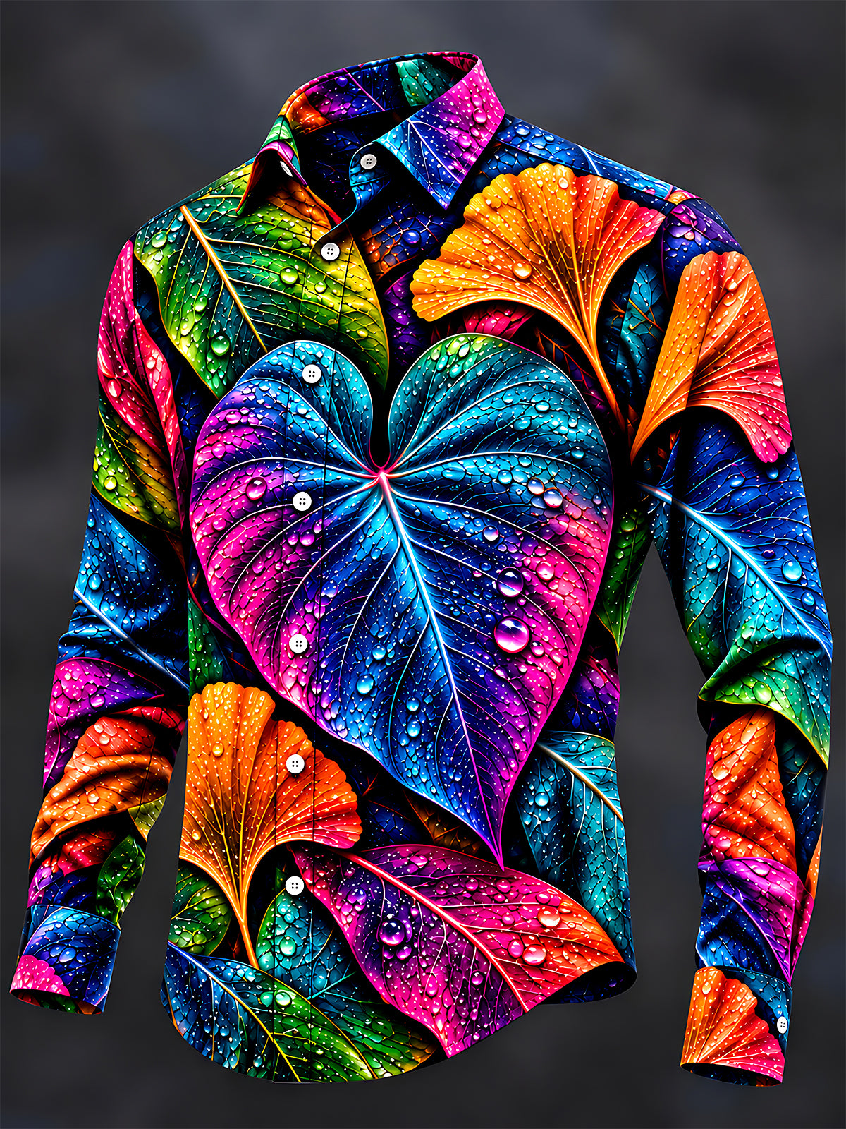 Adaychic Men's Neon Colorful Leaves With Water Droplets Print Long Sleeve Shirt with Chest Pocket