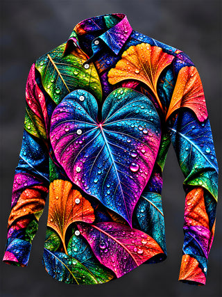 Adaychic Men's Neon Colorful Leaves With Water Droplets Print Long Sleeve Shirt with Chest Pocket