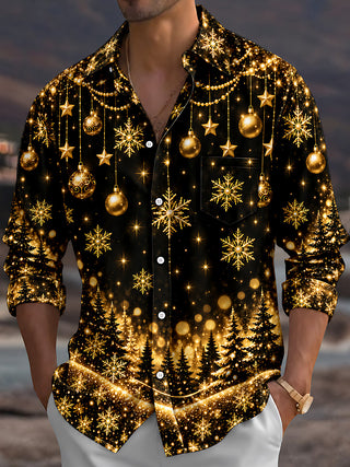 Adaychic Men's Christmas Snowflakes And Ornaments Print Long Sleeve Shirt with Chest Pocket