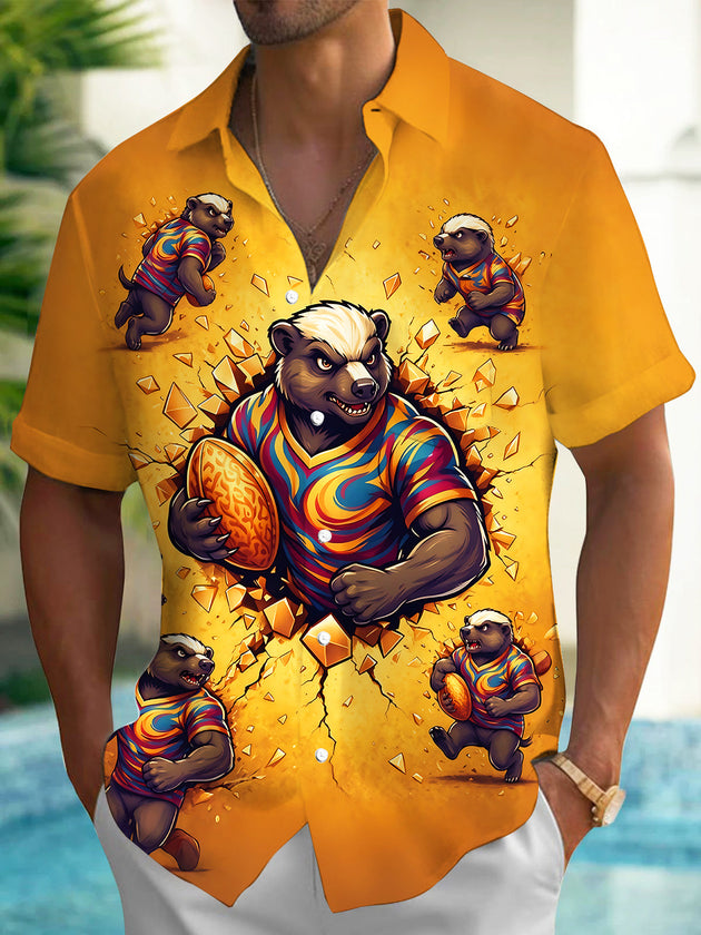 Adaychic Men's Hawaiian Honey Badger Rugby Player Print Short Sleeve Shirt with Chest Pocket