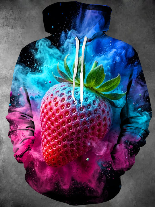 Adaychic Men's Strawberry Fruit With Galaxy Background Print Long Sleeve Hoodie