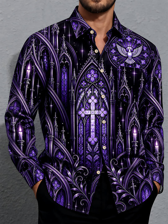 Adaychic Men's Long Sleeve Shirt - Gothic Cathedral Stained Glass With Cross And Dove Print with Chest Pocket