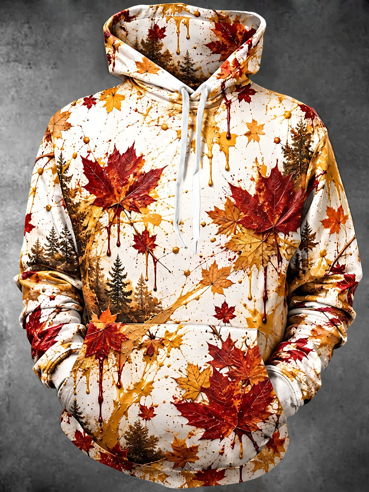 Adaychic Men's Long Sleeve Hoodie - Maple Leaves And Pine Trees With Ink Splatter Print
