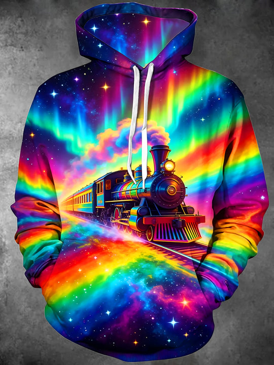 Adaychic Men's Graphic Colorful Aurora Steam Train Print Long Sleeve Hoodie