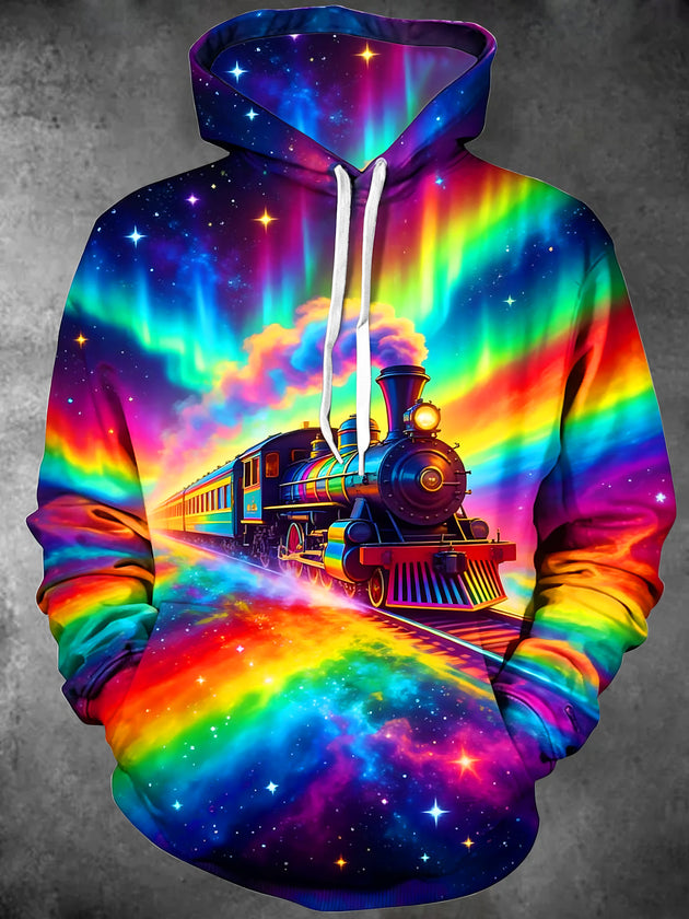 Adaychic Men's Graphic Colorful Aurora Steam Train Print Long Sleeve Hoodie