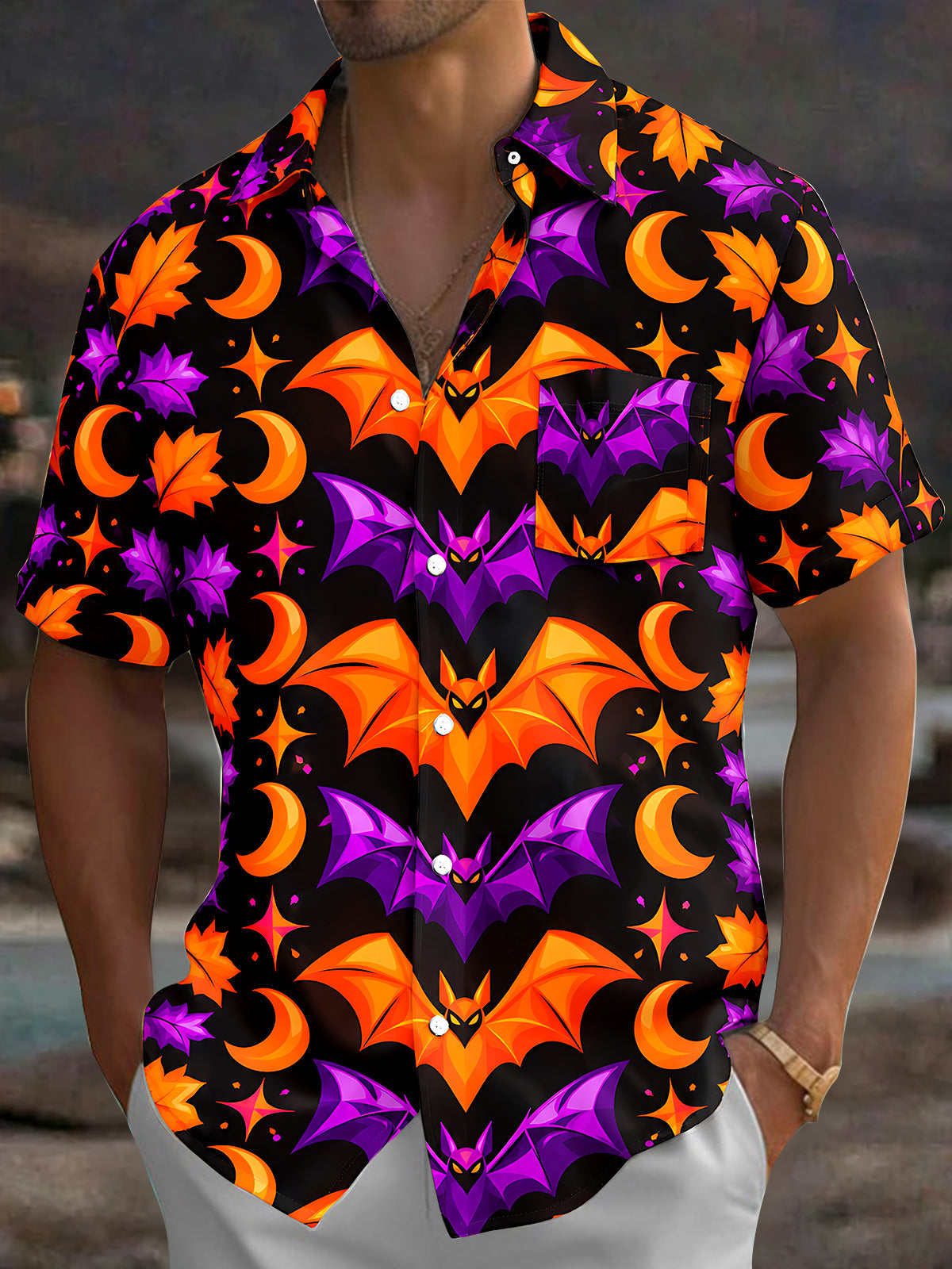 Adaychic Men's Halloween Bats And Crescent Moons Print Short Sleeve Shirt with Chest Pocket