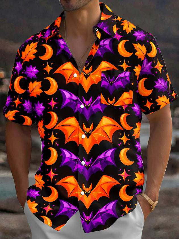Adaychic Men's Halloween Bats And Crescent Moons Print Short Sleeve Shirt with Chest Pocket