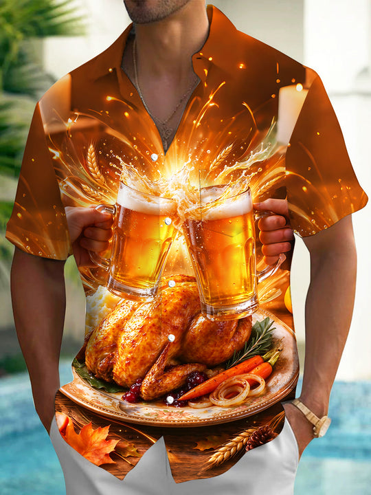 Adaychic Men's Short Sleeve Shirt - Thanksgiving Roasted Turkey And Beer Toast Print with Chest Pocket