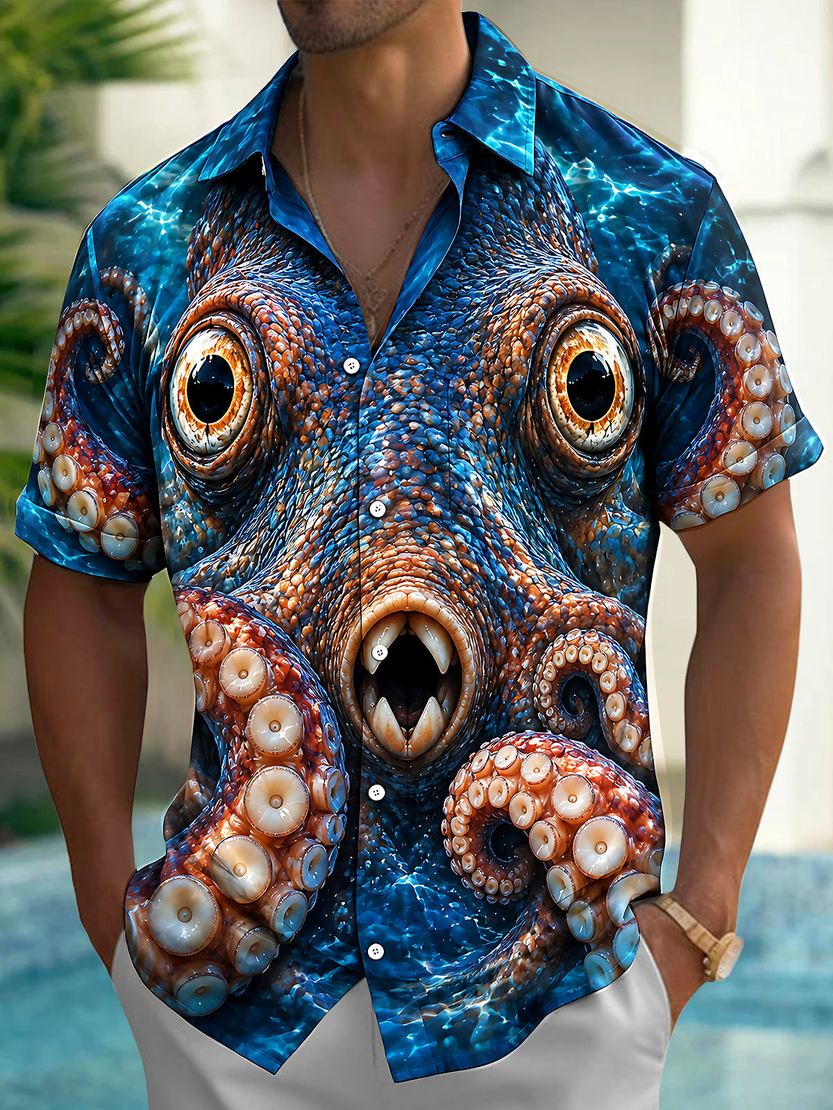 Adaychic Men's Hawaiian Octopus Face With Tentacles Print Short Sleeve Shirt with Chest Pocket