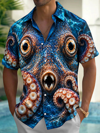 Adaychic Men's Hawaiian Octopus Face With Tentacles Print Short Sleeve Shirt with Chest Pocket