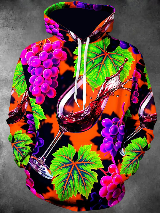 Adaychic Men's Graphic Wine Glass And Grapes Print Long Sleeve Hoodie