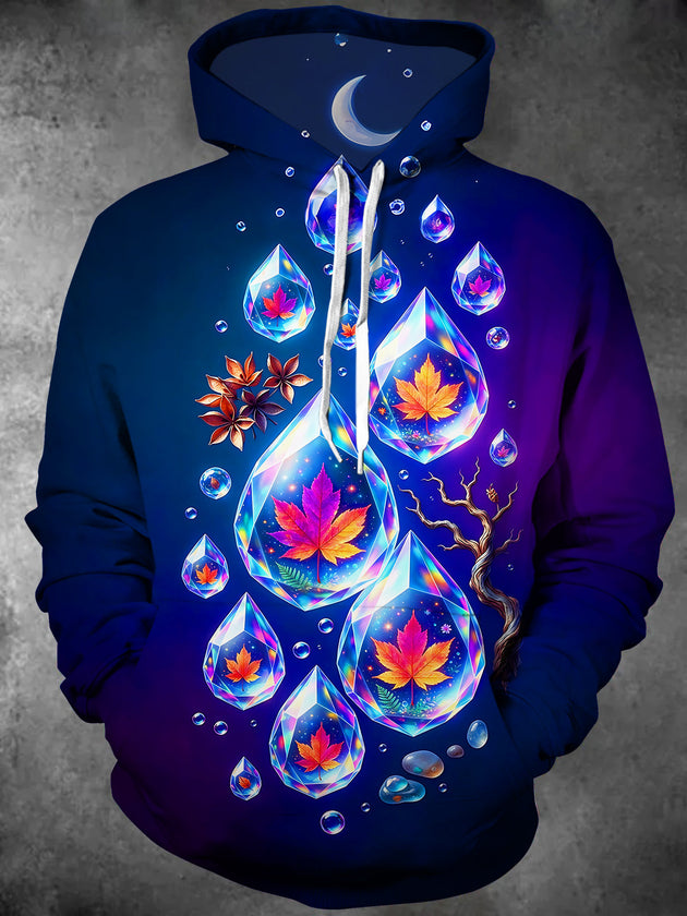 Adaychic Men's Long Sleeve Hoodie - Crystal Water Drops With Autumn Maple Leaves Print