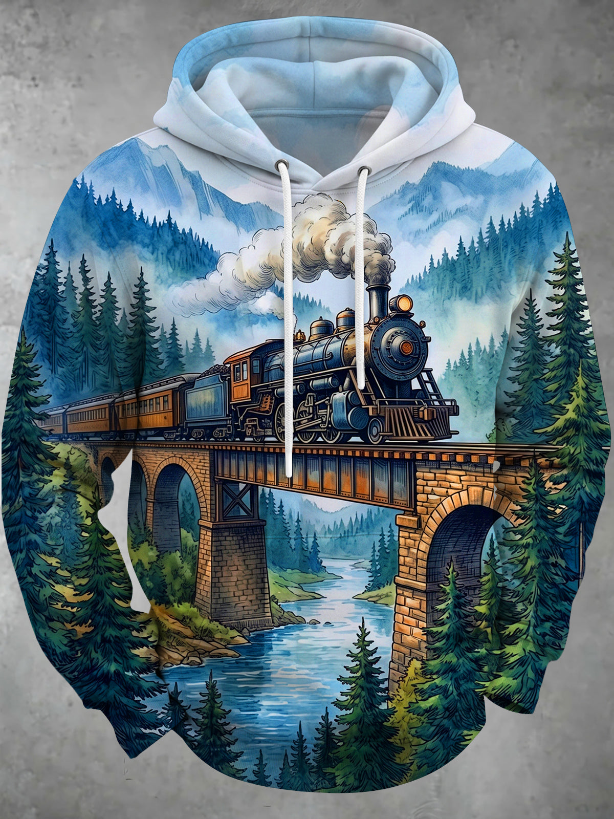Adaychic Men's Graphic Steam Locomotive On Bridge Print Long Sleeve Hoodie