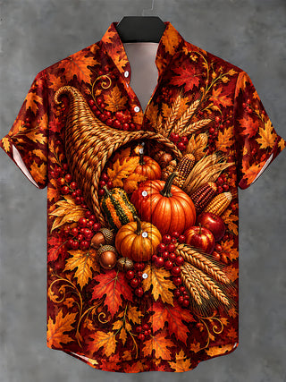 Adaychic Men's Short Sleeve Shirt - Thanksgiving Cornucopia With Pumpkins Corn Apples And Maple Leaves Print with Chest Pocket