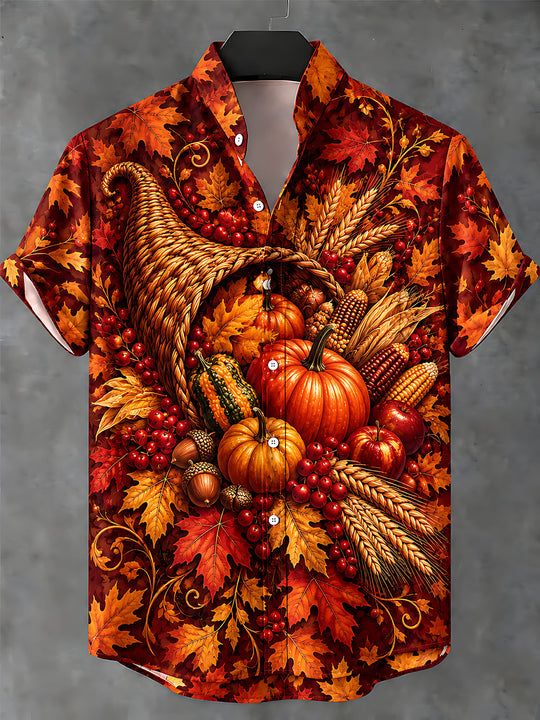 Adaychic Men's Short Sleeve Shirt - Thanksgiving Cornucopia With Pumpkins Corn Apples And Maple Leaves Print with Chest Pocket
