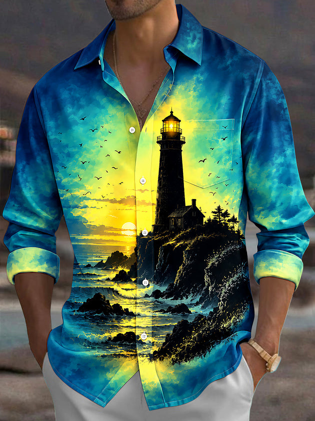 Adaychic Men's Hawaiian Lighthouse And Ocean Sunset Print Long Sleeve Shirt with Chest Pocket