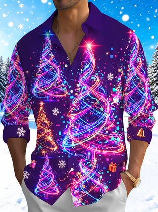 Adaychic Men's Graphic Neon Light Christmas Trees Print Long Sleeve Shirt with Chest Pocket