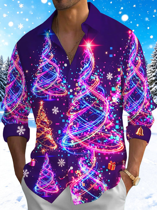 Adaychic Men's Graphic Neon Light Christmas Trees Print Long Sleeve Shirt with Chest Pocket