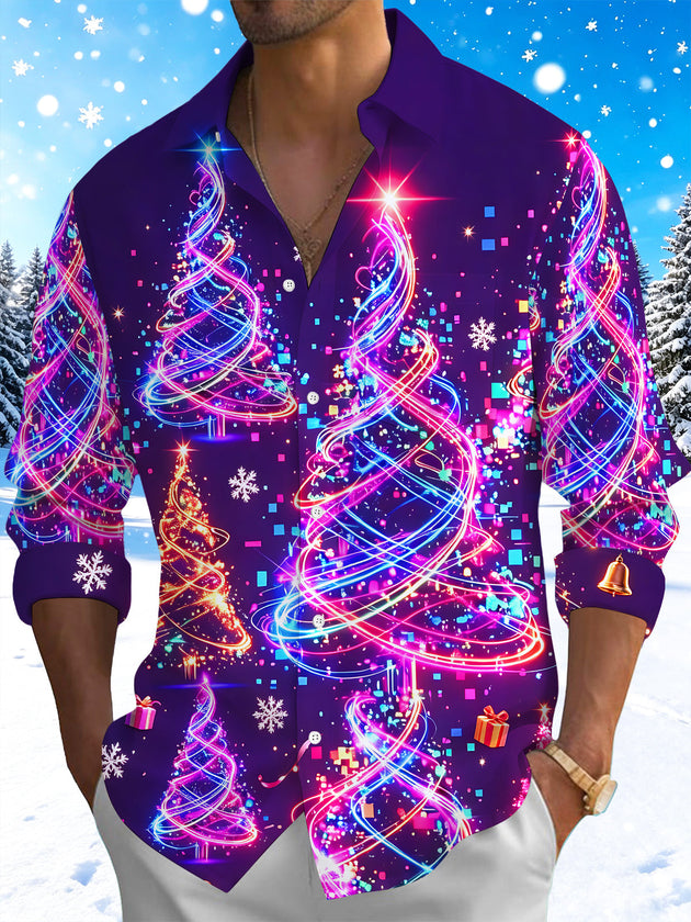 Adaychic Men's Graphic Neon Light Christmas Trees Print Long Sleeve Shirt with Chest Pocket