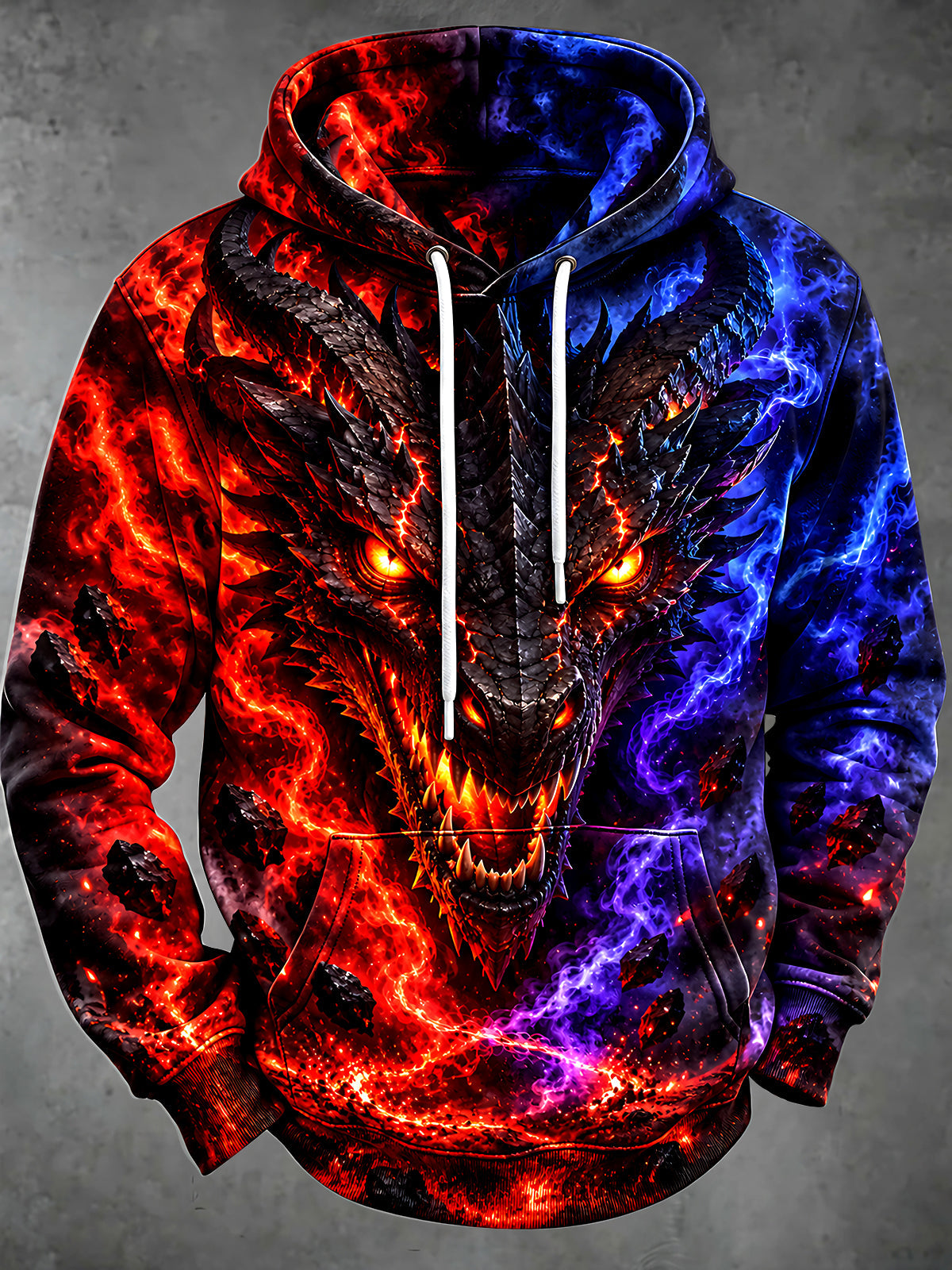 Adaychic Men's Dragon Head With Fire And Lightning Print Long Sleeve Hoodie