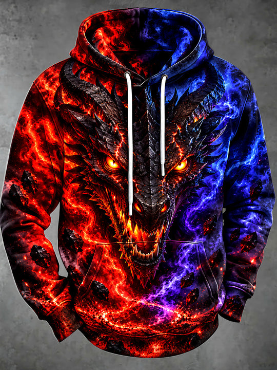 Adaychic Men's Dragon Head With Fire And Lightning Print Long Sleeve Hoodie