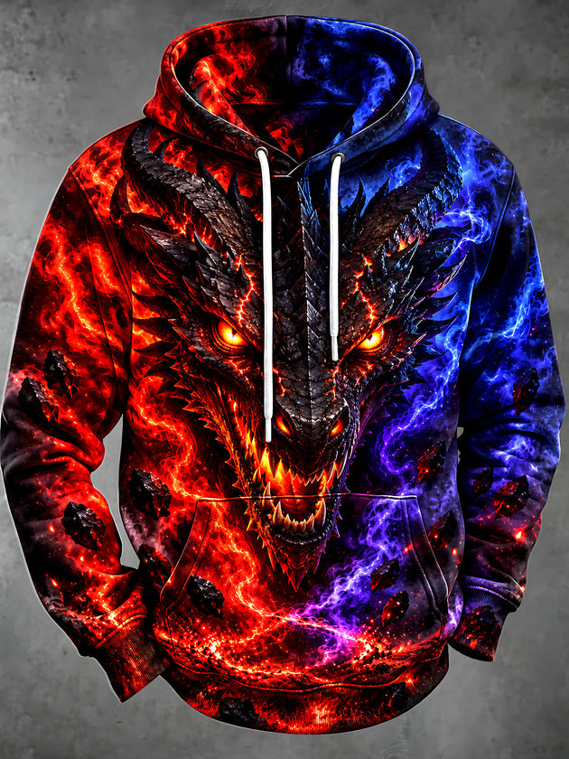 Adaychic Men's Dragon Head With Fire And Lightning Print Long Sleeve Hoodie
