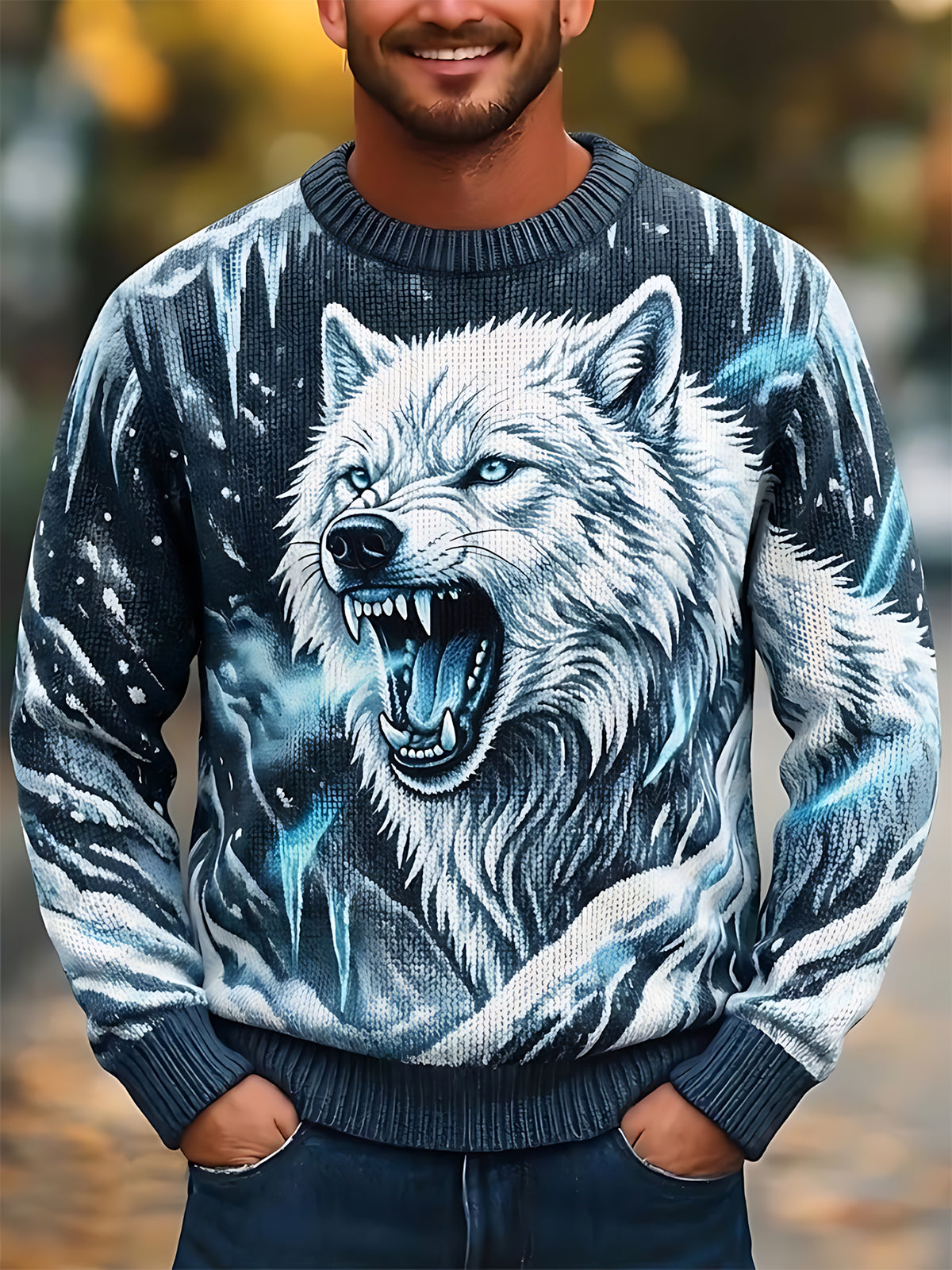 Adaychic Men's Howling Wolf With Ice And Snowflakes Print Long Sleeve Sweater