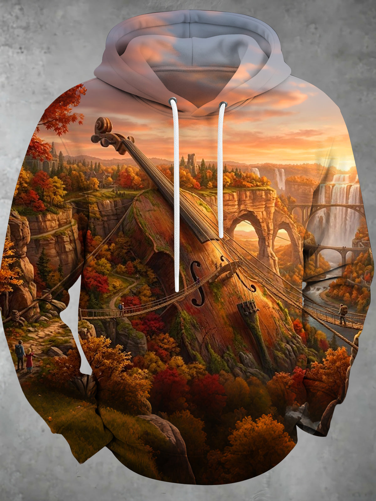 Adaychic Men's Violin Landscape With Autumn Foliage Print Long Sleeve Hoodie