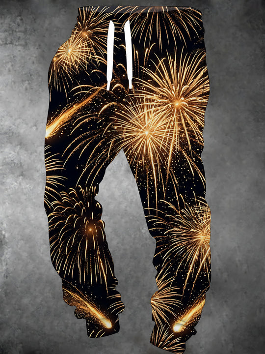 Adaychic Men's Graphic Golden Fireworks Print Pants