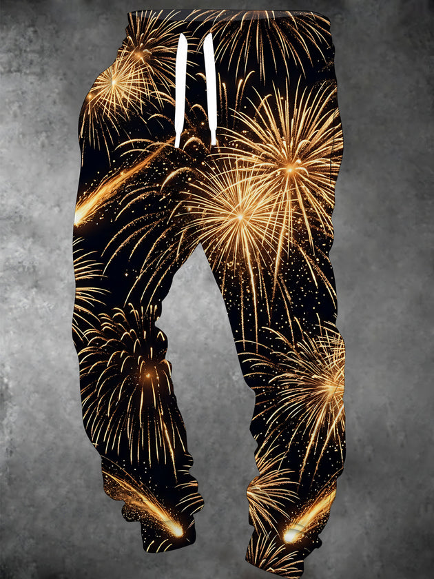 Adaychic Men's Graphic Golden Fireworks Print Pants