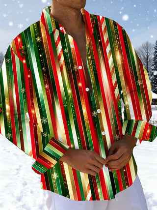 Adaychic Men's Striped Christmas Stripes Print Long Sleeve Shirt with Chest Pocket