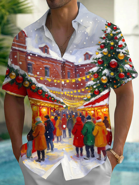 Adaychic Men's Short Sleeve Shirt - Christmas Market Scene With Christmas Tree And Ornaments Print with Chest Pocket