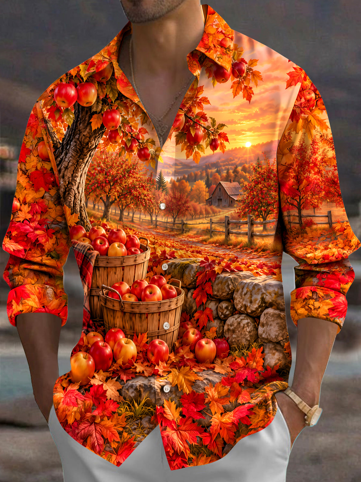 Adaychic Men's Printed Autumn Apple Orchard Landscape Print Long Sleeve Shirt with Chest Pocket
