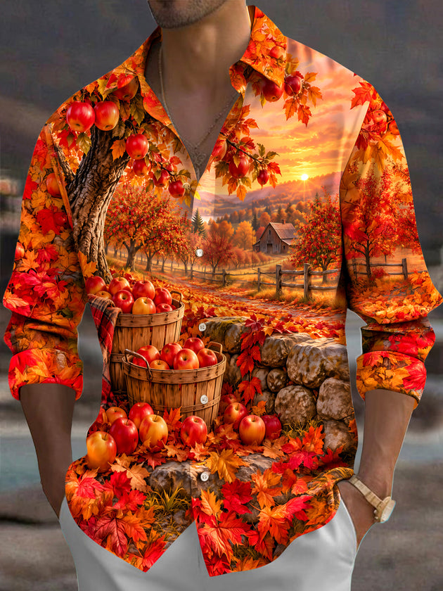 Adaychic Men's Printed Autumn Apple Orchard Landscape Print Long Sleeve Shirt with Chest Pocket