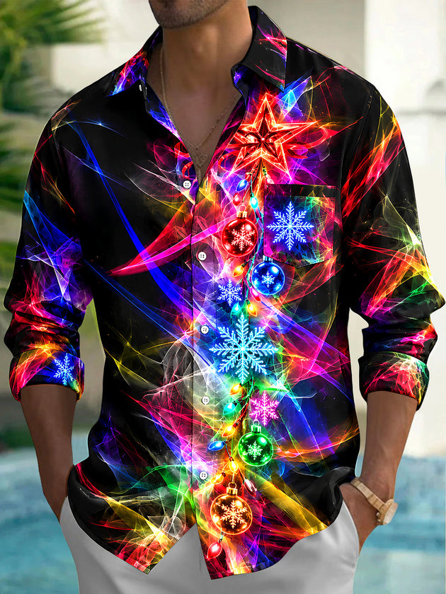 Adaychic Men's Christmas Ornaments And Snowflakes Print Long Sleeve Shirt with Chest Pocket