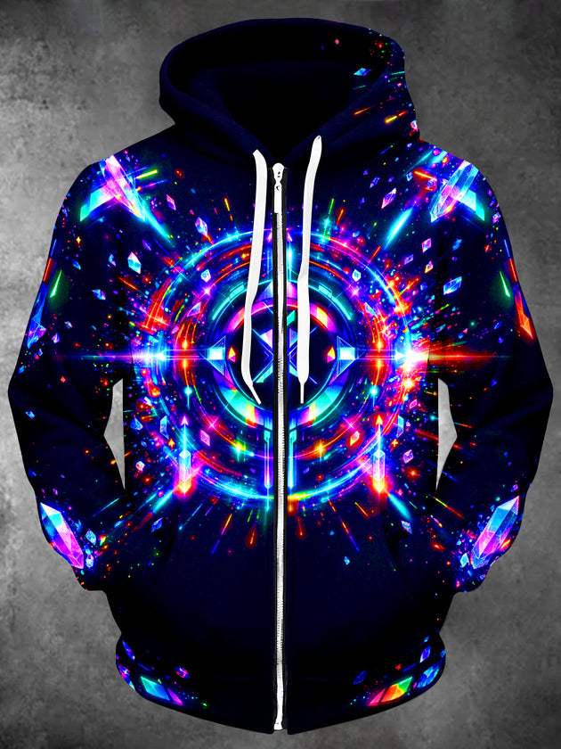 Adaychic Men's Neon Crystal Magic Circle Print Long Sleeve Zip-Up Hoodie