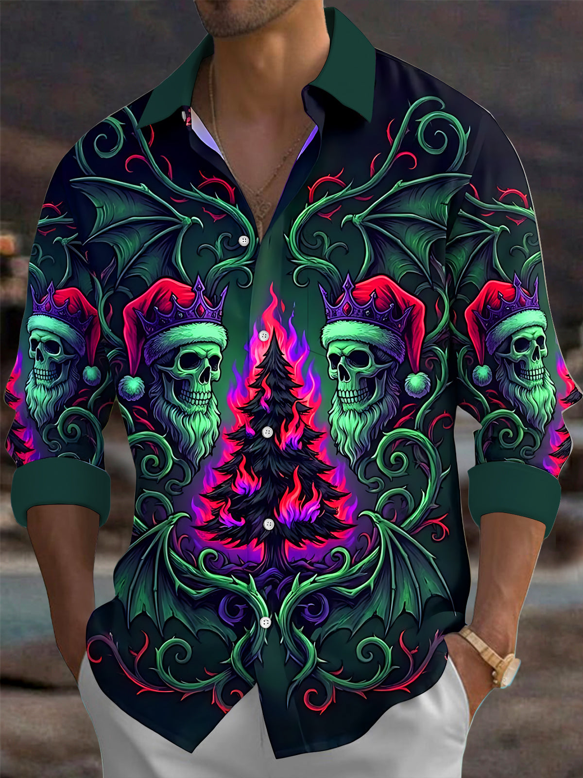 Adaychic Men's Graphic Skull With Santa Hat And Crown Print Long Sleeve Shirt