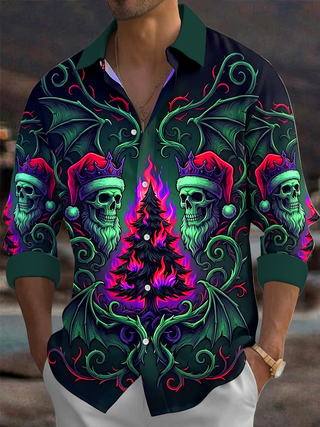 Adaychic Men's Graphic Skull With Santa Hat And Crown Print Long Sleeve Shirt