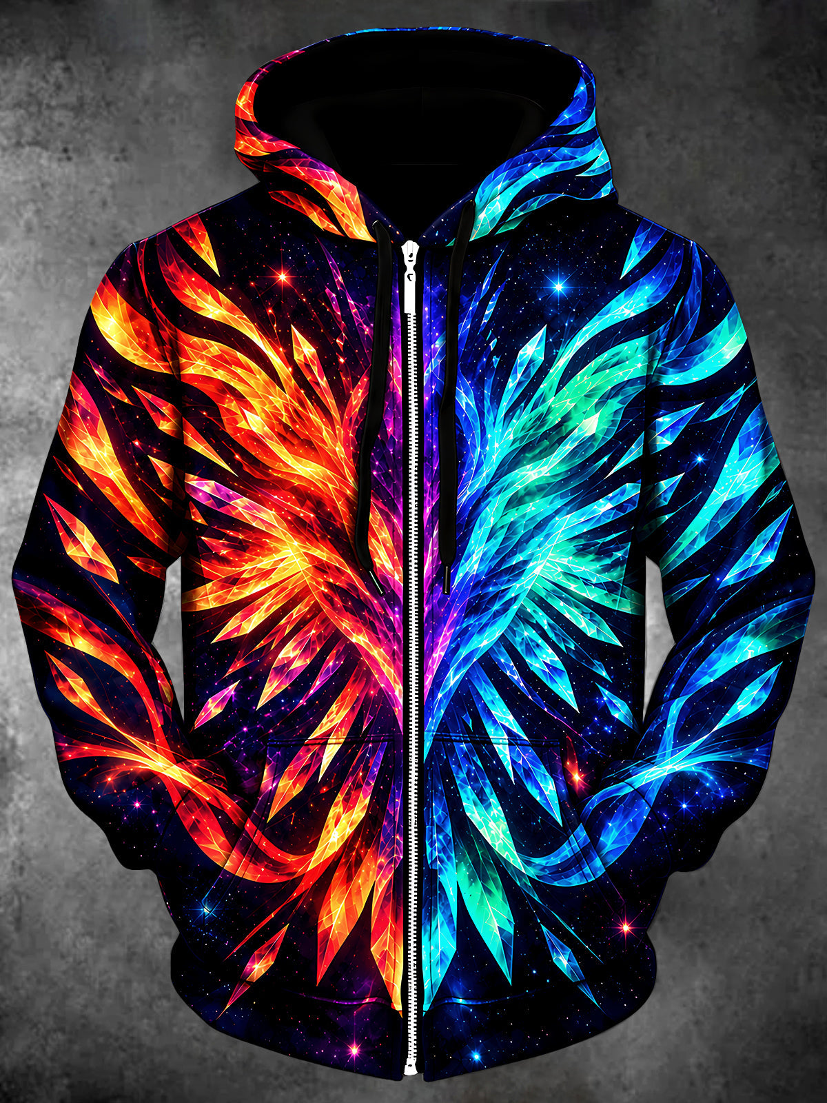 Adaychic Men's Abstract Geometric Phoenix Wings Print Long Sleeve Zip-Up Hoodie with Kangaroo Pocket