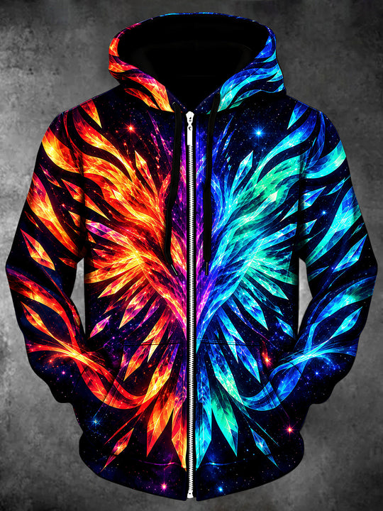 Adaychic Men's Abstract Geometric Phoenix Wings Print Long Sleeve Zip-Up Hoodie with Kangaroo Pocket