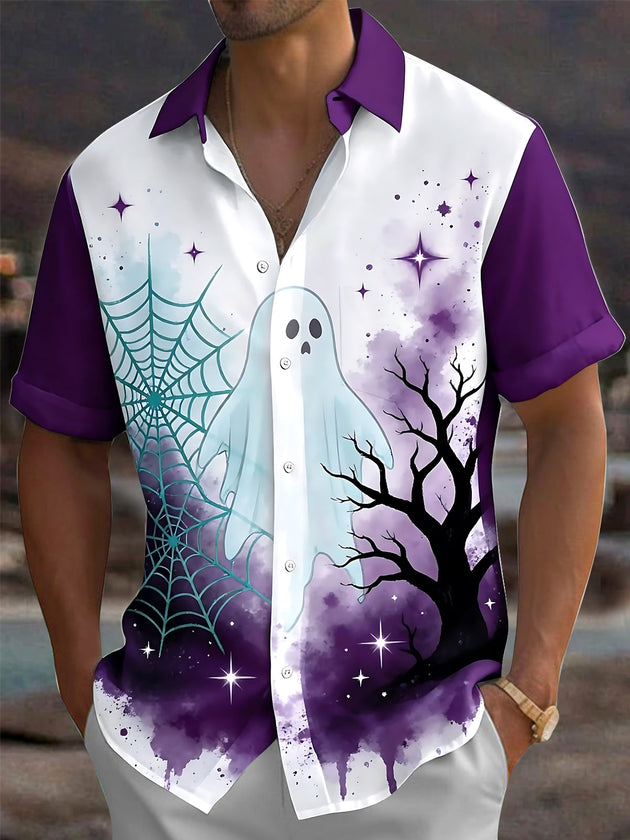 Adaychic Men's Graphic Halloween Ghost And Spider Web Print Short Sleeve Shirt with Chest Pocket