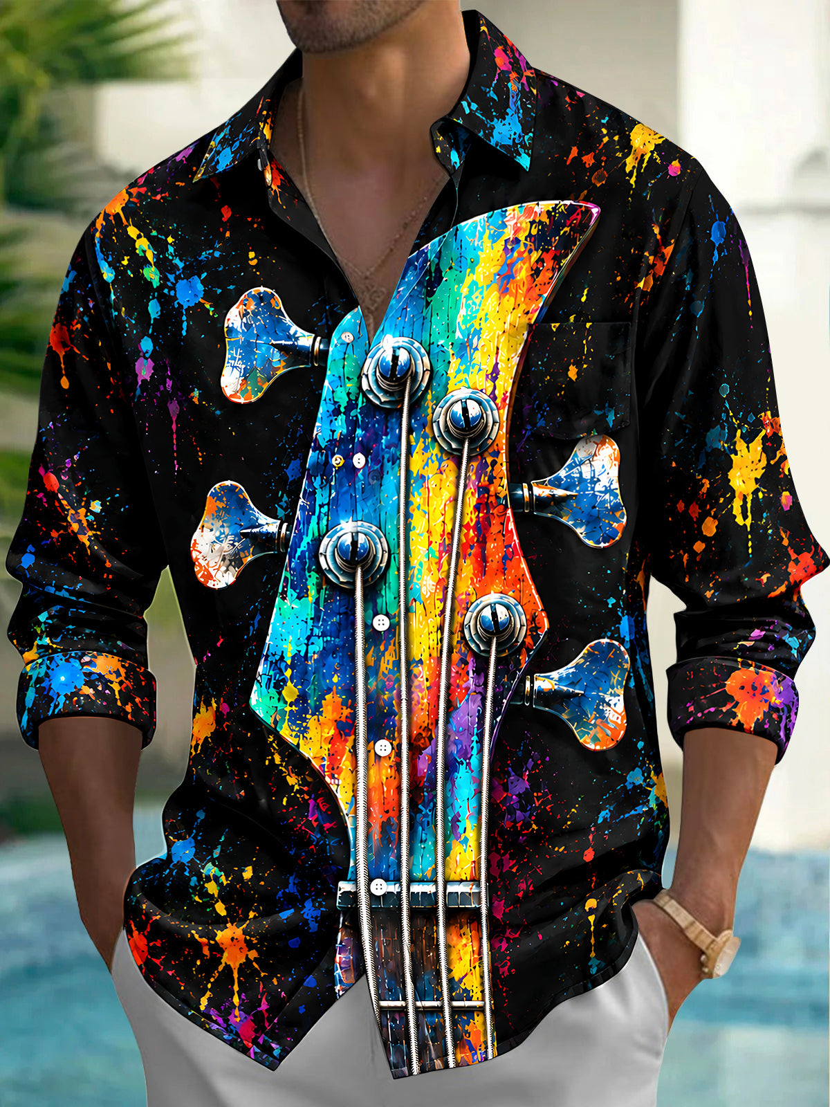 Adaychic Men's Long Sleeve Shirt - Bass Guitar Headstock With Paint Splatter Print with Chest Pocket