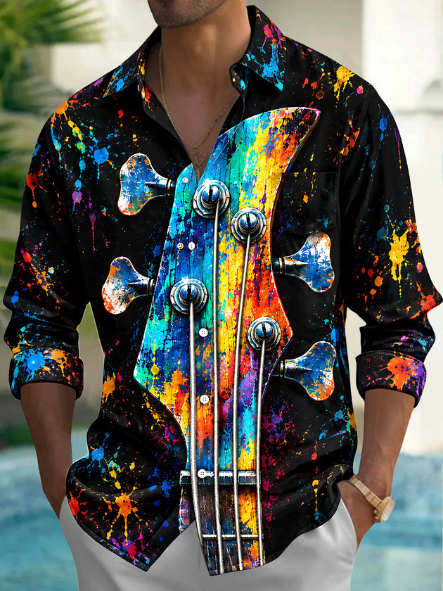 Adaychic Men's Long Sleeve Shirt - Bass Guitar Headstock With Paint Splatter Print with Chest Pocket