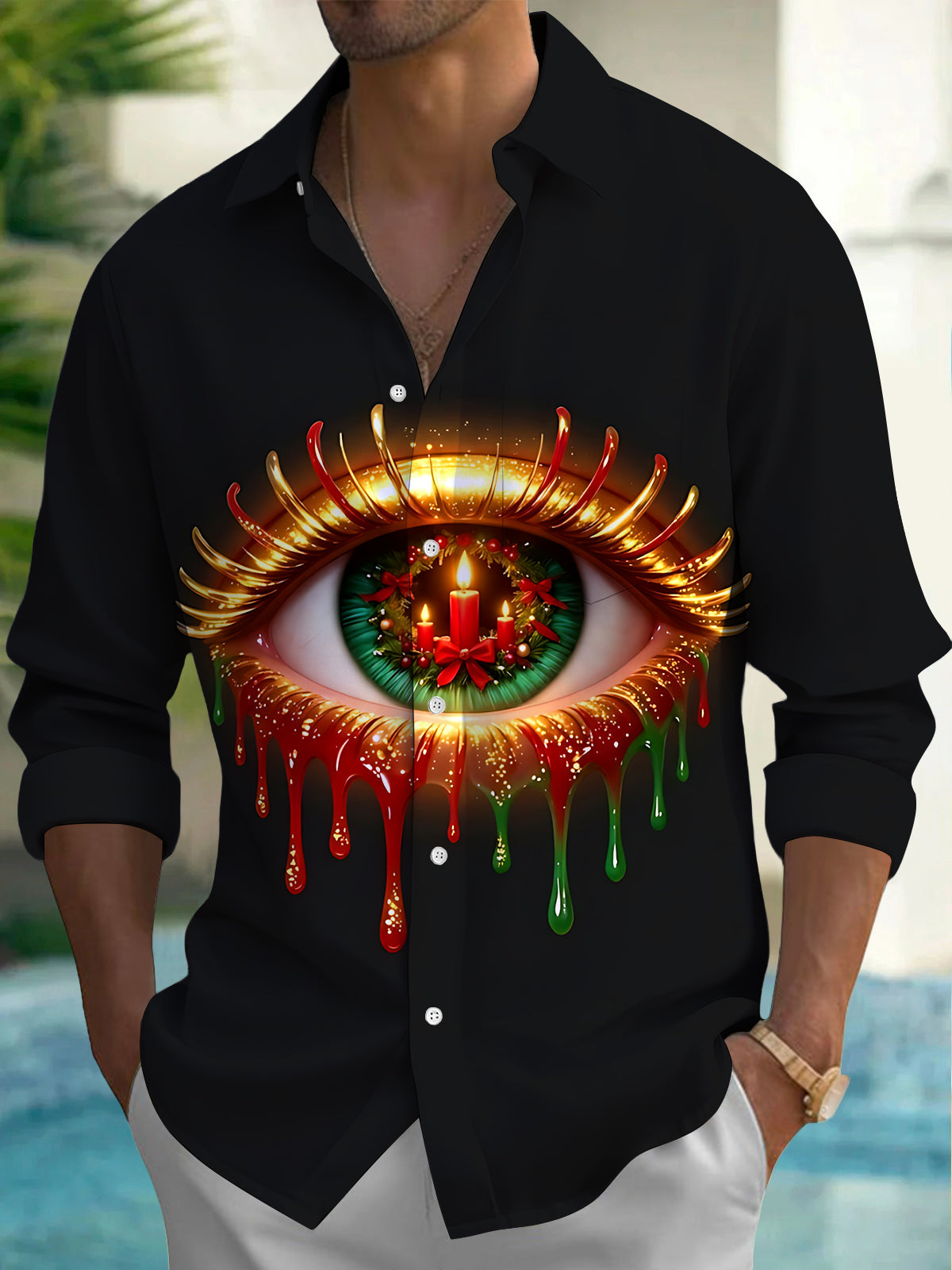 Adaychic Men's Christmas Eye With Candles And Wreath Print Long Sleeve Shirt with Chest Pocket