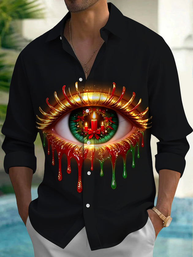Adaychic Men's Christmas Eye With Candles And Wreath Print Long Sleeve Shirt with Chest Pocket