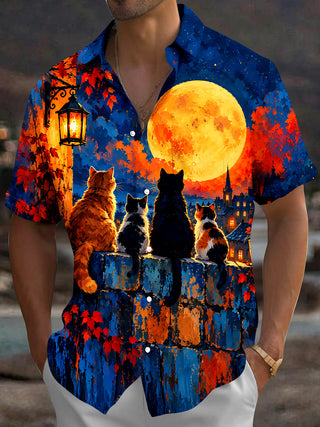 Adaychic Men's Short Sleeve Shirt - Cats On Wall With Moon And Autumn Leaves Print with Chest Pocket