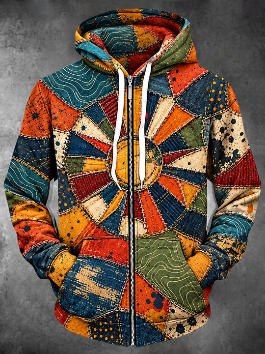 Adaychic Men's Long Sleeve Zip-Up Hoodie - Colorful Patchwork Geometric Sunburst Print
