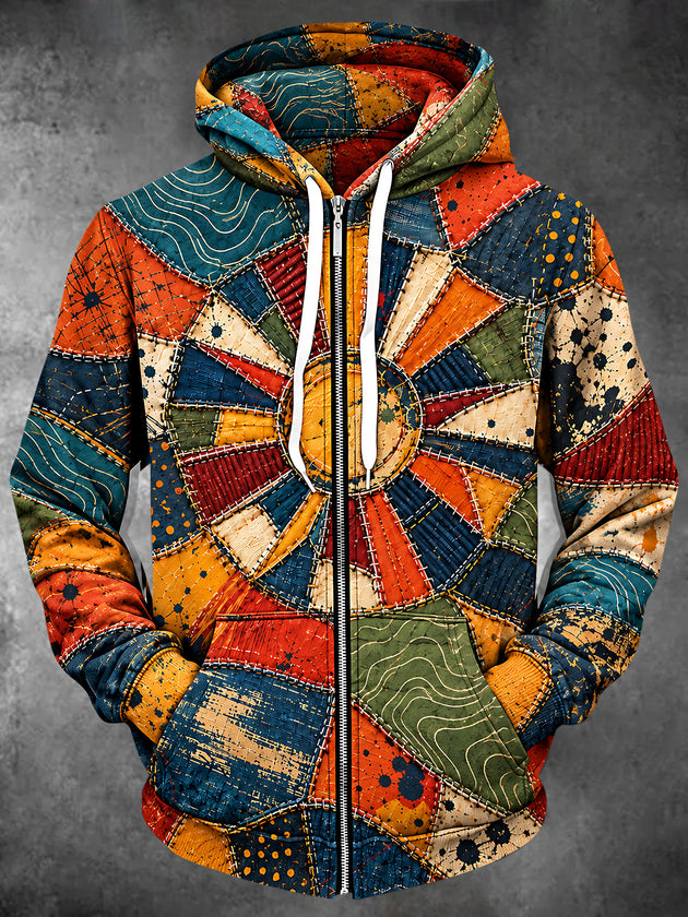 Adaychic Men's Long Sleeve Zip-Up Hoodie - Colorful Patchwork Geometric Sunburst Print